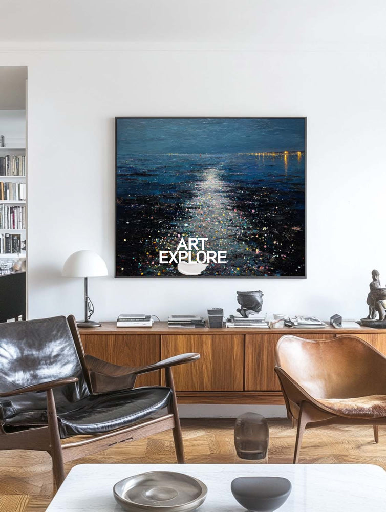Abstract Ocean Painting With Moonlight Reflections For Modern Home Decor