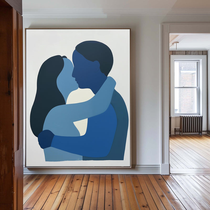 Large Loving Couple Canvas Painting Blue Minimalist Kissing Lovers Painting Modern Portrait Wall Art