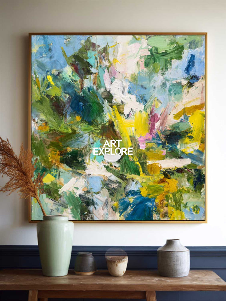 Vibrant Green Abstract Oil Painting With Impressionist Flair For Modern Home Decor