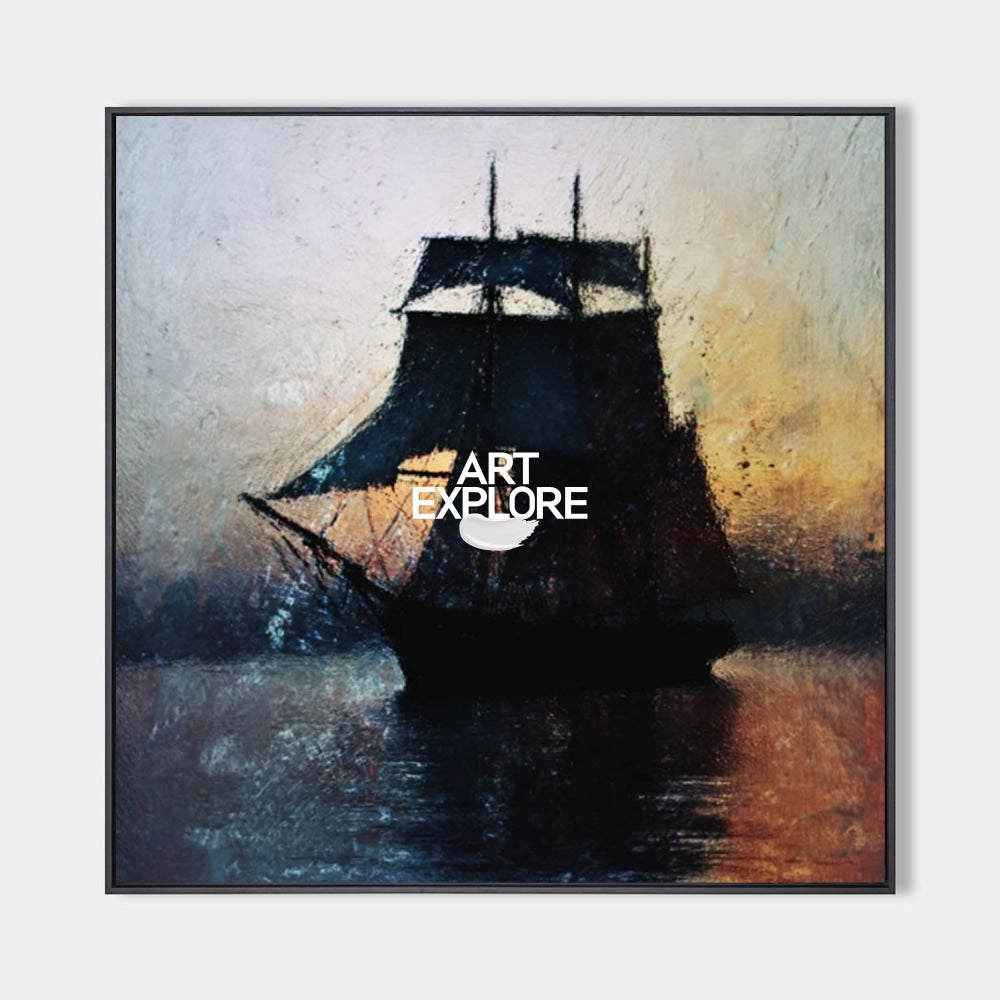 Abstract Sunset Seascape Painting With Dark Boat Silhouette For Modern Home Decor