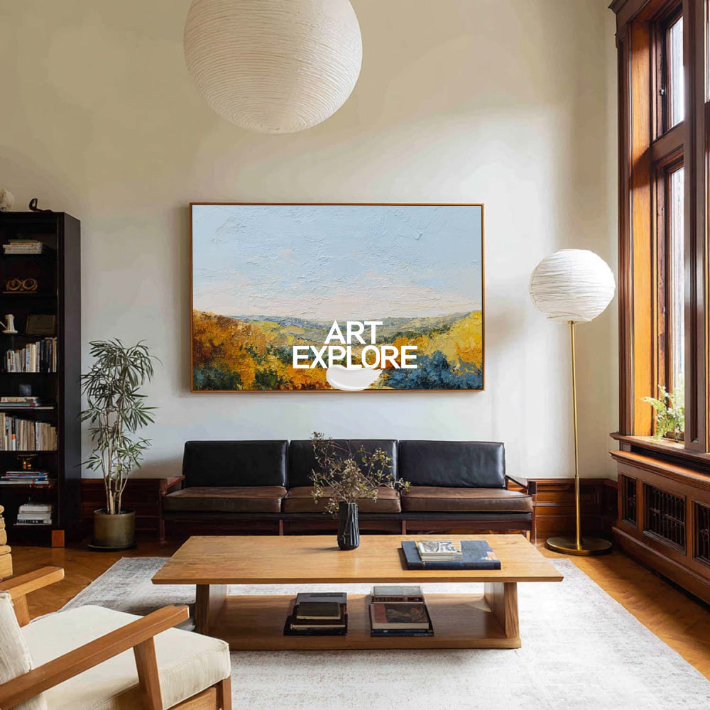 Textured Mountain Landscape Oil Painting With Golden Autumn Colors For Modern Home Decor