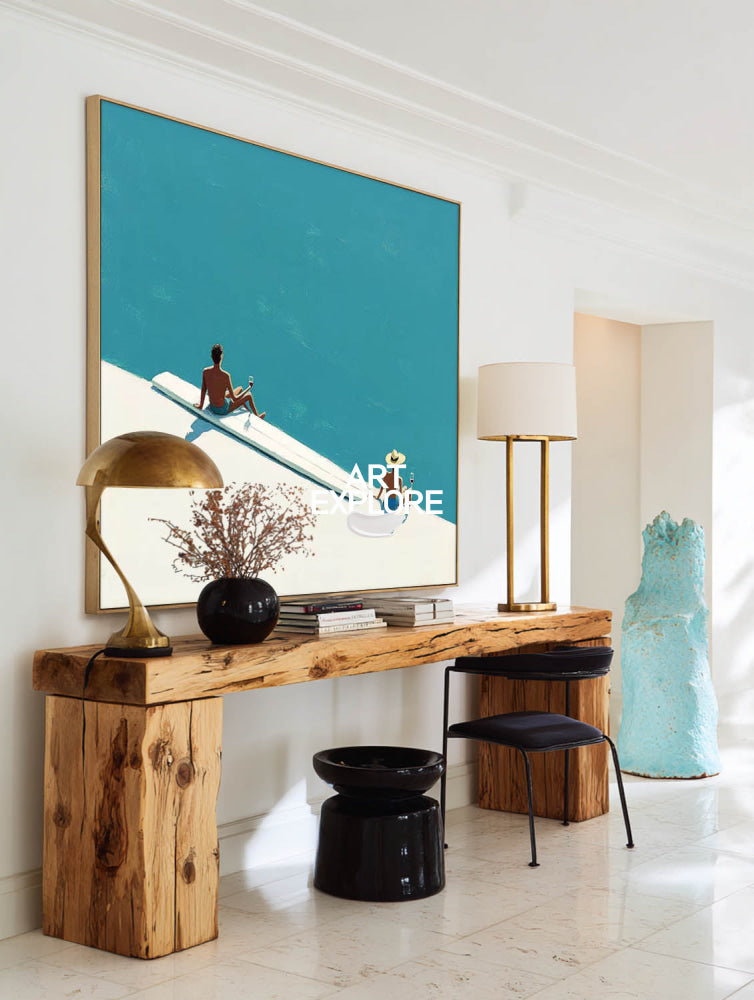 Abstract Coastal Summer Art With Turquoise Sea And Relaxing Figures For Modern Home Decor