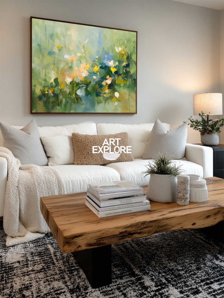 Textured Abstract Wildflower Painting In Green And Yellow For Modern Living Room Decor