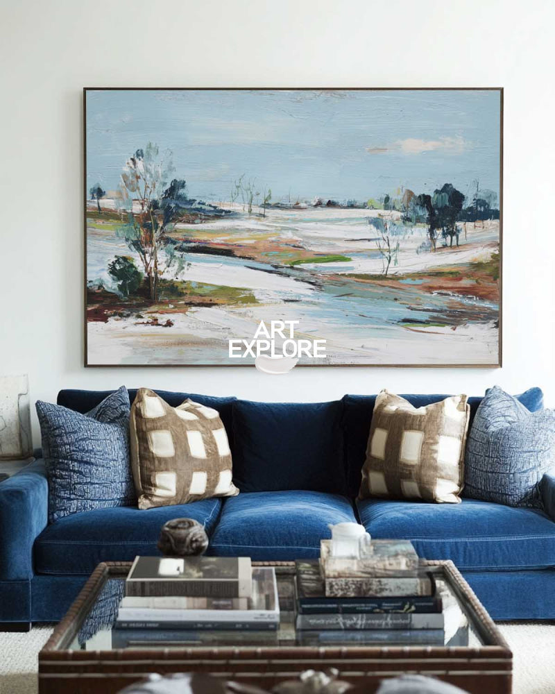 Original Oil Painting Of Frozen Shoreline In Blue Green Brown Tones Ideal For Calm And Sophisticated Interior Design