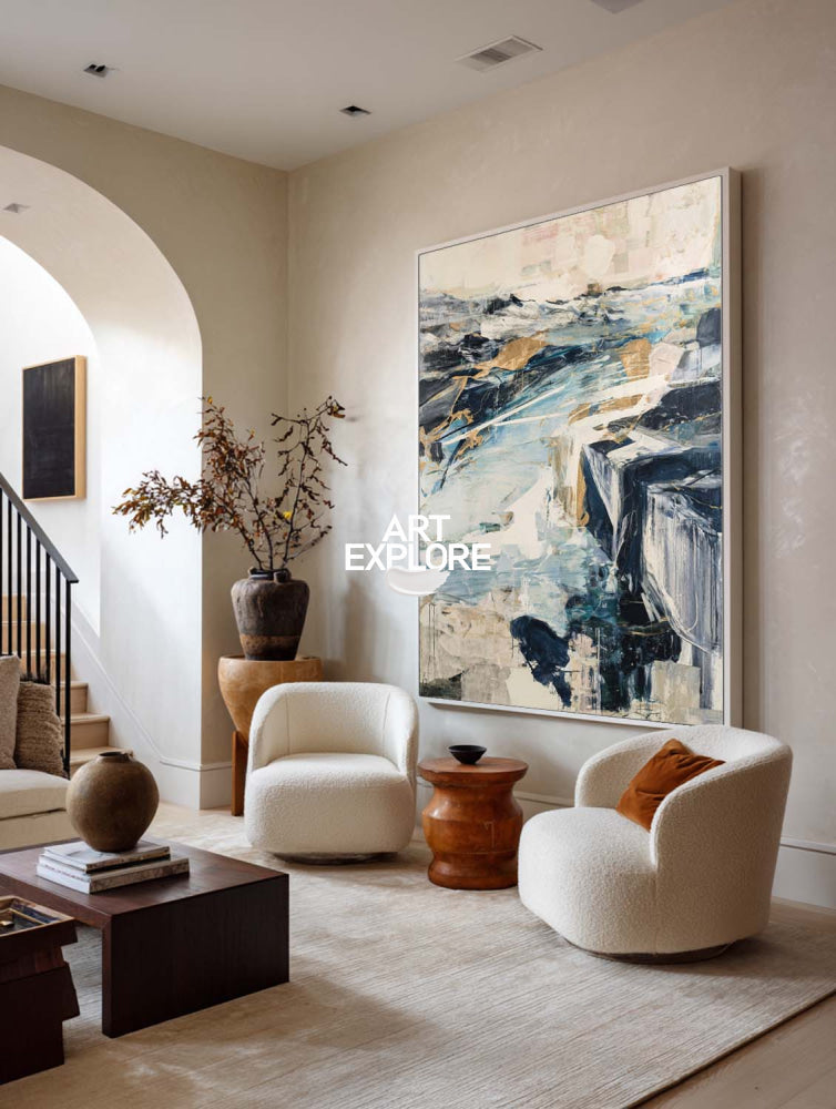 Contemporary Blue And Gold Abstract Art For Modern Living Room Decor