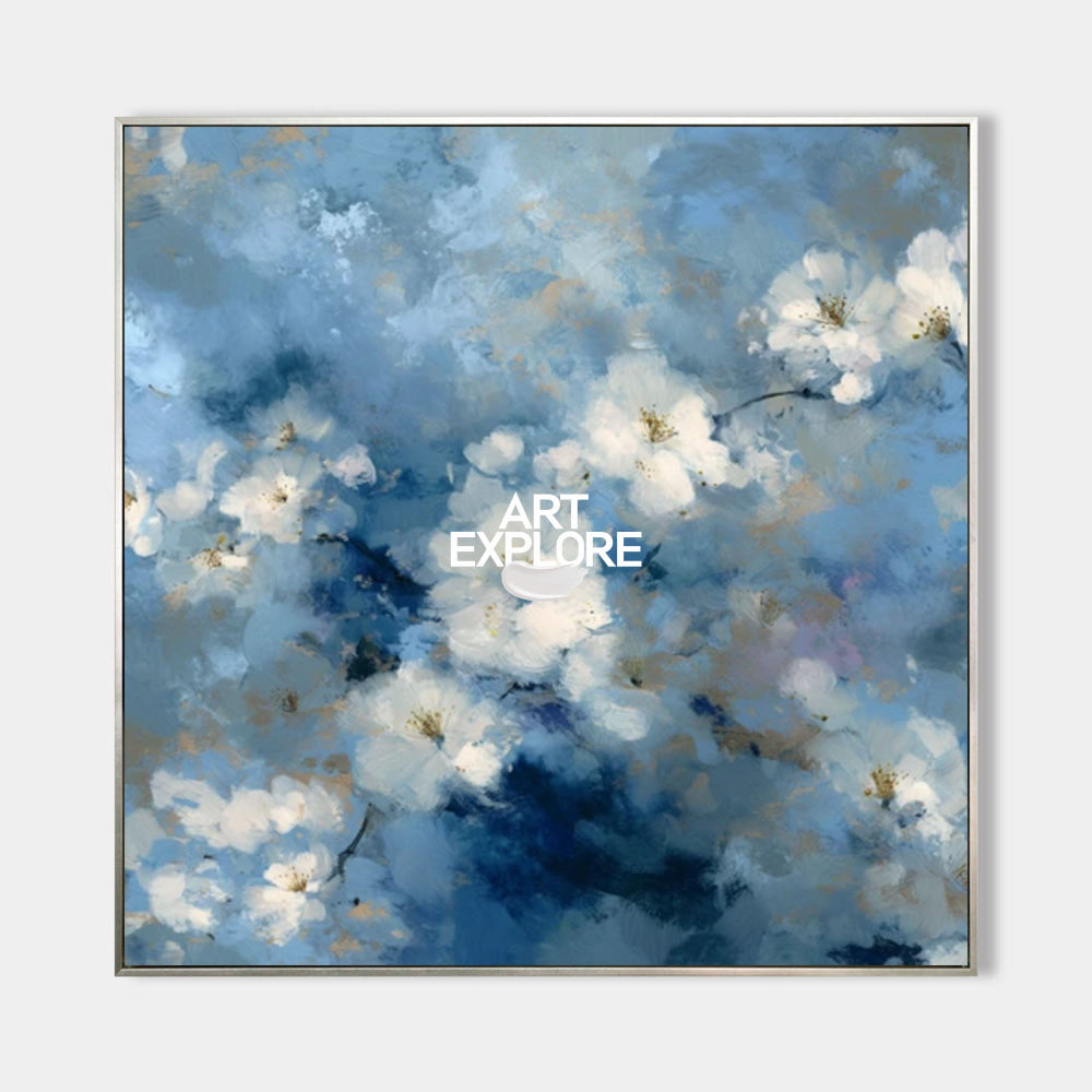 Modern Blue And White Floral Oil Painting On Canvas For Living Room Decor