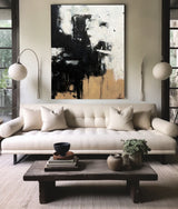 Modern Black Beige Abstract Painting Vintage Canvas Wall Art Black Beige Minimalist Abstract Art 