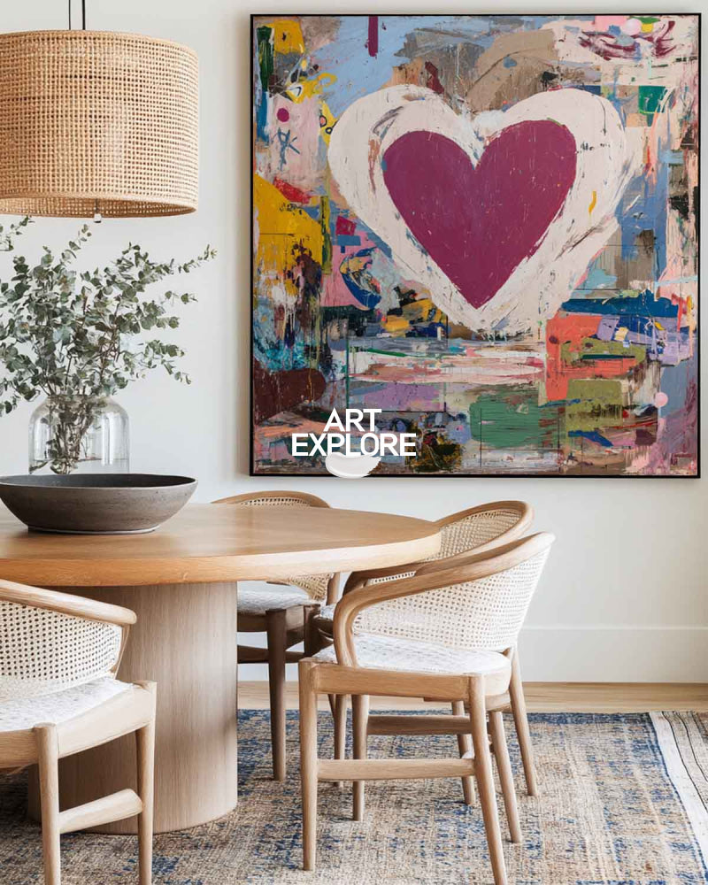 Textured Abstract Square Painting With Bold Heart Motif Contemporary Home Art