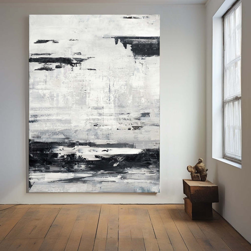 Large Black And White Beach Canvas Wall Art Abstract Ocean Painting