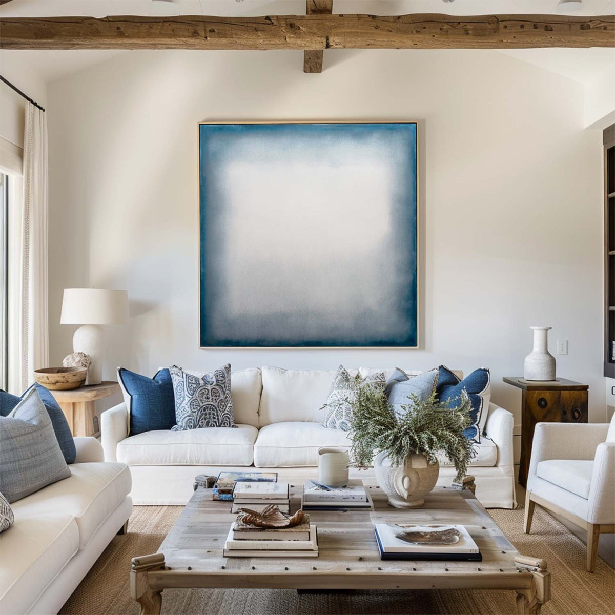 Large Blue Minimalist Oil Painting for Living Room | Modern Wabi-Sabi Art - ArtExplore