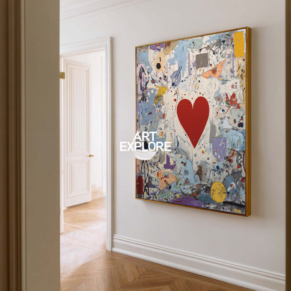 Vibrant Red Heart Abstract Painting Modern Art For Living Room Wall Decor