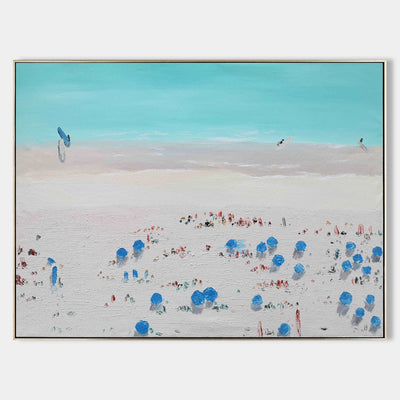 Extra Large Crowded Beach Canvas Art ocean oil painting modern coastal artwork for interior 