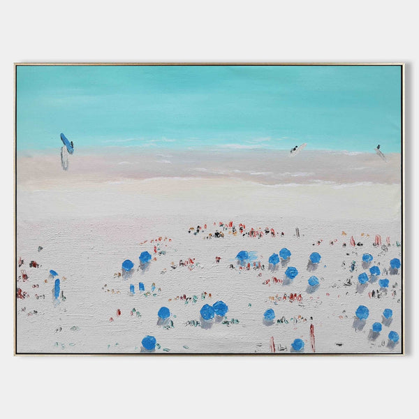 Extra Large Crowded Beach Canvas Art ocean oil painting modern coastal artwork for interior 