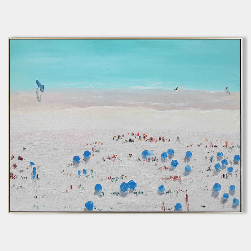 Extra Large Crowded Beach Canvas Art ocean oil painting modern coastal artwork for interior 
