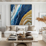Gold And Blue Abstract Art Large Square Modern Canvas Art For Living Room 