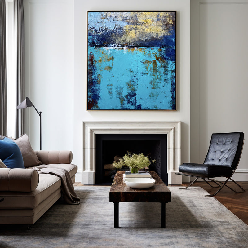 Framed Ocean Wall Art Large Abstract Impressionist Ocean Painting On Canvas Blue And Gold Abstract Canvas Art
