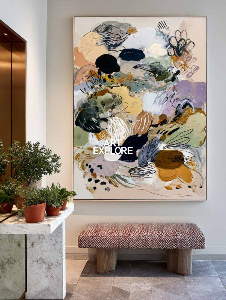 Handmade Textured Abstract Art On Linen Canvas With Earthy Tones And Black Details