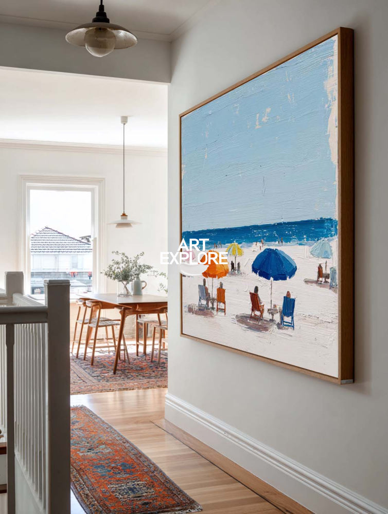 Vibrant Abstract Beach Painting With Orange Umbrellas For Modern Coastal Decor