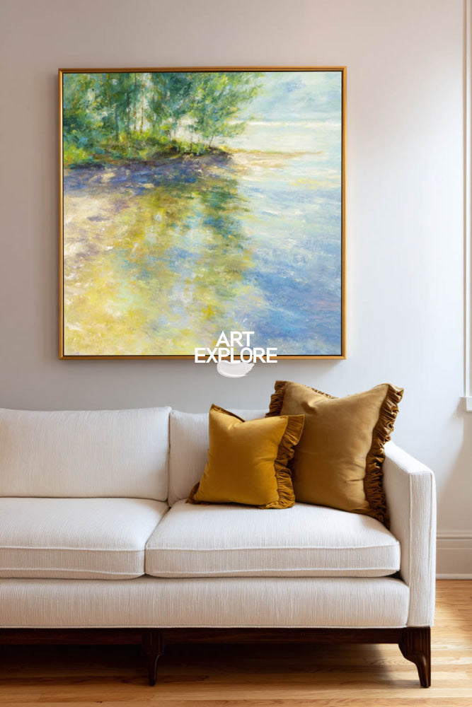 Textured Impressionist Lake Scene Oil Painting With Golden Accents For Modern Interior Design