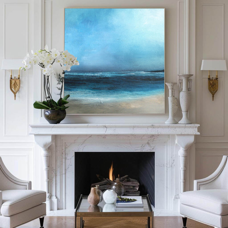 Large Beach Artwork Square Blue Ocean Painting Oversized Beach Canvas Wall Art