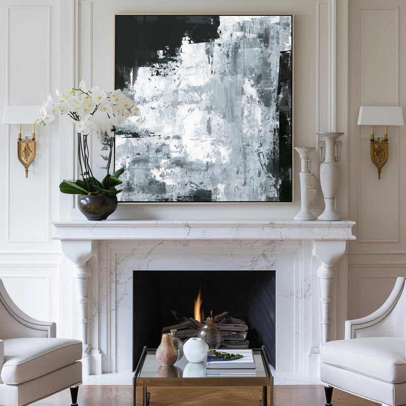Black And White Wall Art Framed Dark Abstract Painting For Living Room