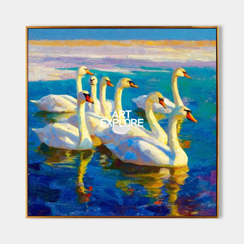 Original Textured Oil Painting Of Swans On Blue Water For Living Room Decor