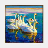 Original Textured Oil Painting Of Swans On Blue Water For Living Room Decor