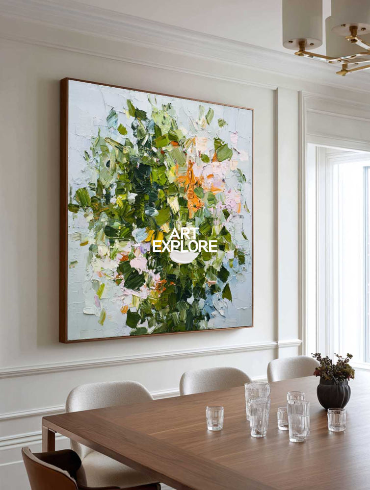 Abstract Green Floral Oil Painting On Linen Canvas For Modern Home Decor
