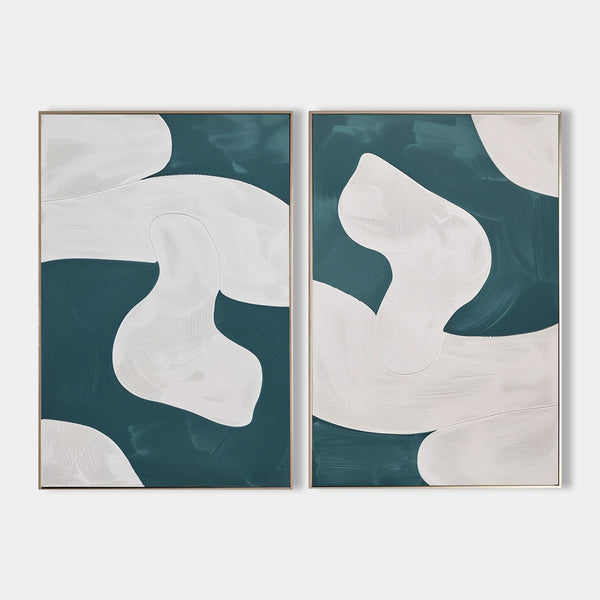 Abstract Green And White Set Of 2 Canvas Art Green And White Abstract Minimalist Line Art Modern Geometric Wall Art