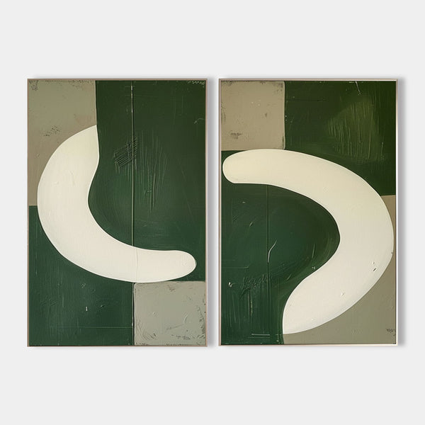 Green And White Diptych Painting 2 piece Geometric Minimalist Art Acrylic Painting On Canvas For Sale