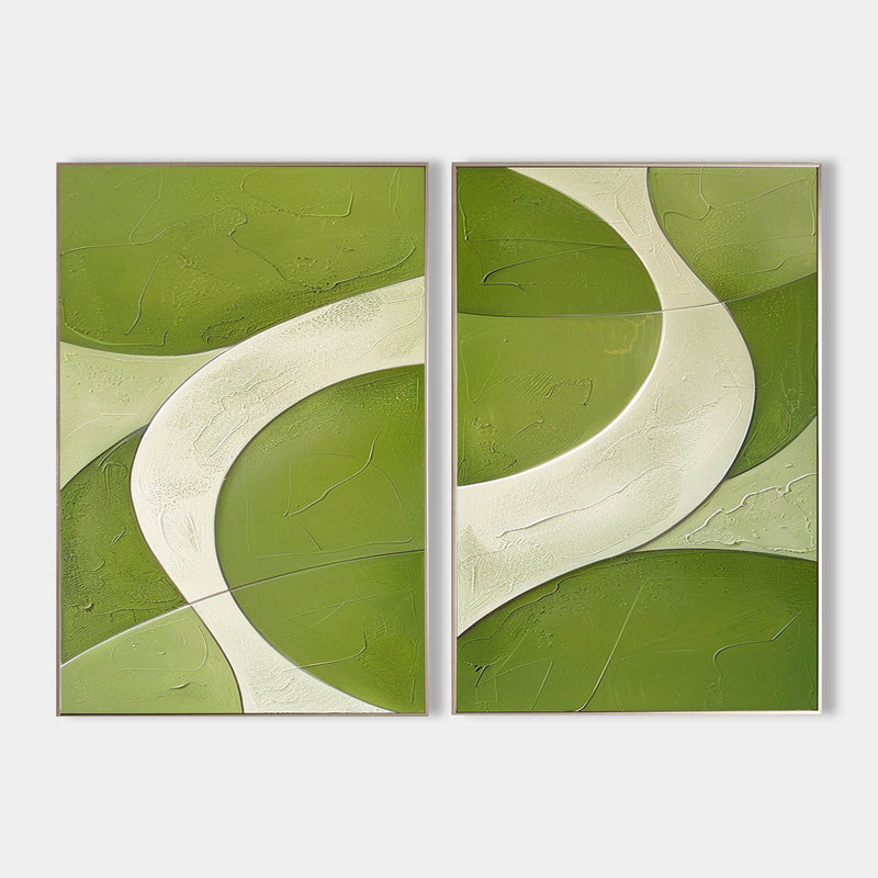 White And Green Diptych Painting 2 piece Minimalist Art Abstract Canvas Wall Art For Living Room