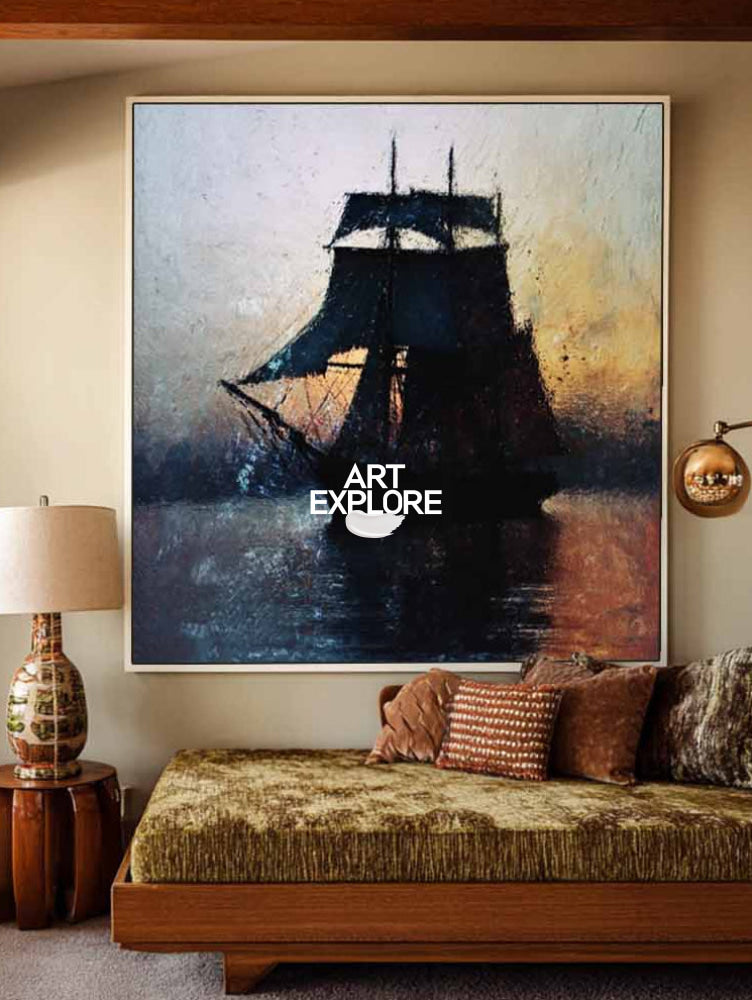 Abstract Sunset Seascape Painting With Dark Boat Silhouette For Modern Home Decor