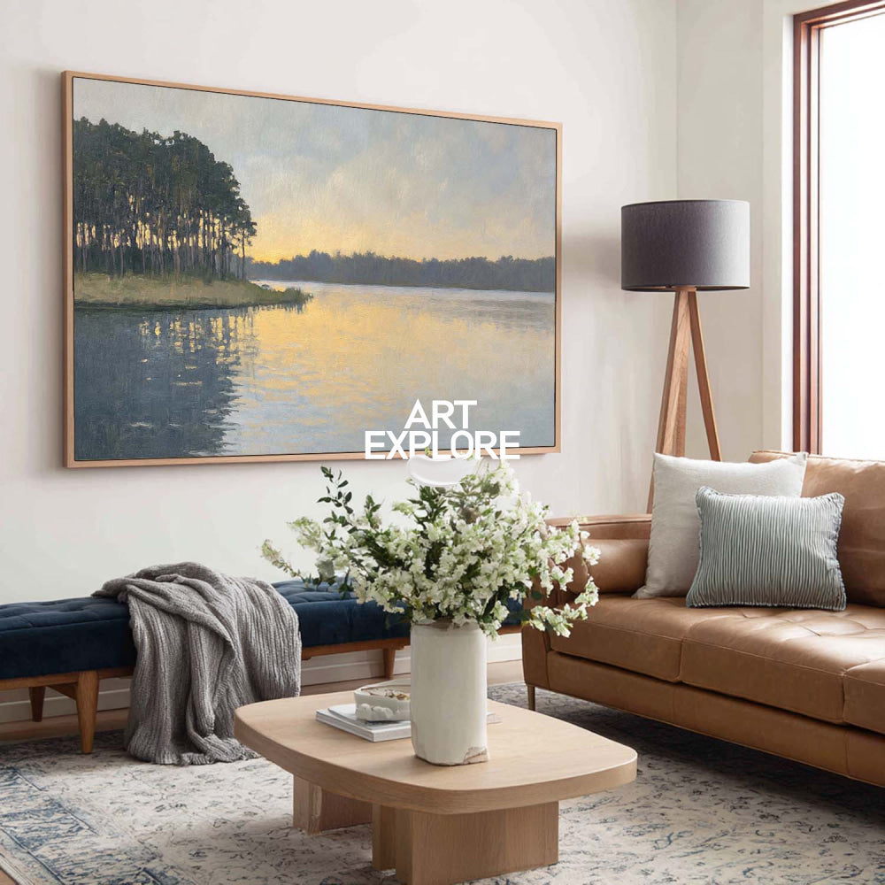 Serene Sunset Lake Painting With Forest Reflections For Modern Living Room Decor