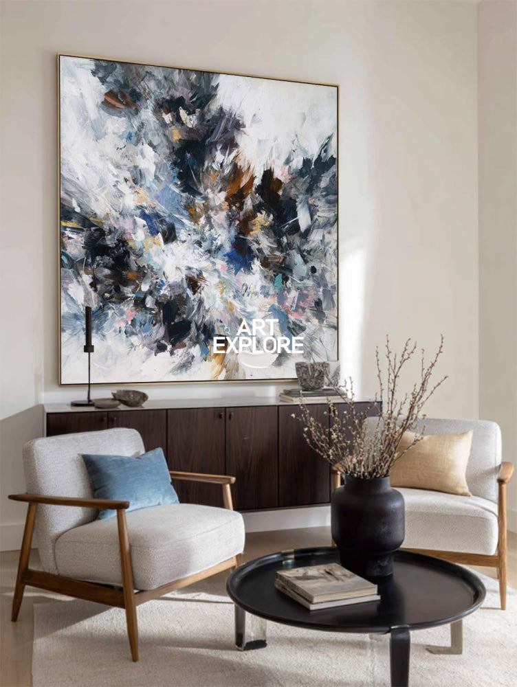 Modern Abstract Square Painting Black And White Textured Art For Living Room