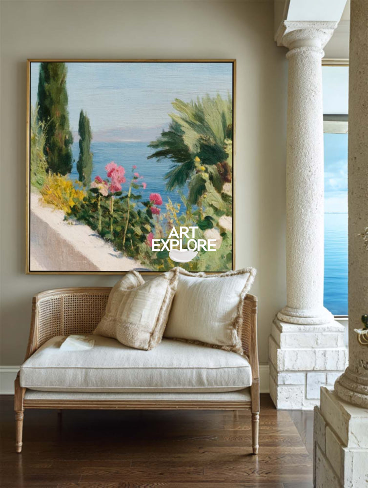 Modern Mediterranean Floral Seascape Painting With Pink Roses And Blue Ocean View For Living Room Decor