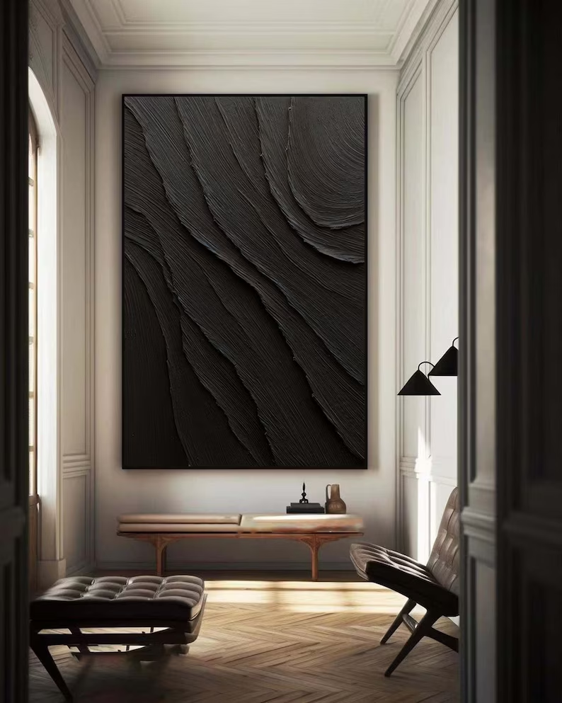 Large Black Abstract Painting Black Minimalist wall Painting Black 3D Textured Painting Modern abstract wall art Minimalist Painting Art