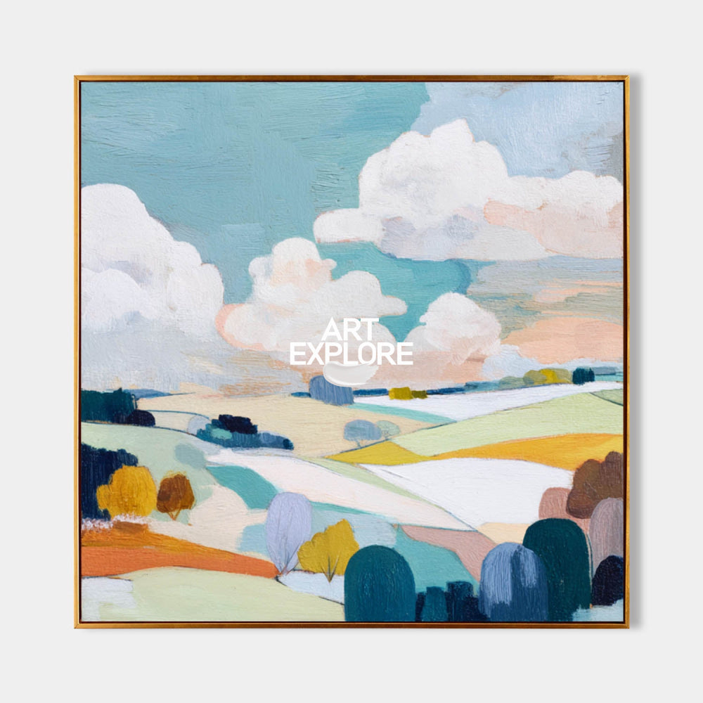 Textured Abstract Landscape Painting With Rolling Hills And Soft Colors For Modern Home Decor