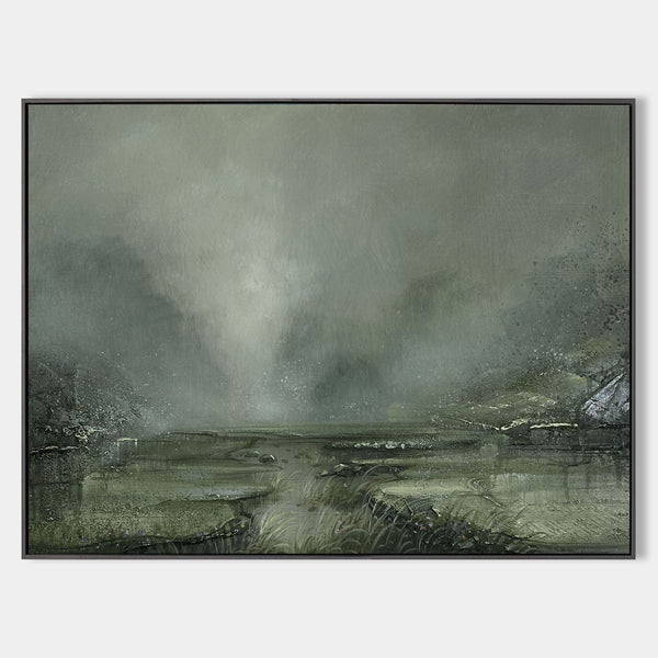 Green Textured Landscape Canvas Wall Art Pond View In The Rain Contemporary Landscape Wall Art