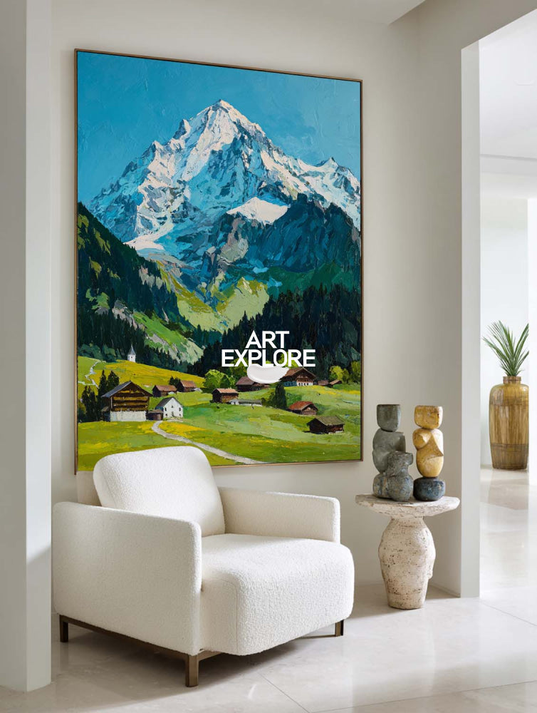 Original Textured Alpine Village Painting With Snow Mountain For Modern Living Room Decor