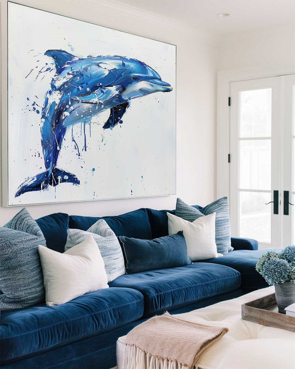 Big Blue And White Dolphin Wall Decor,Canvas Painting Of Dolphin,Cute Dolphin Painting,Blue Art Canvas For Living Room