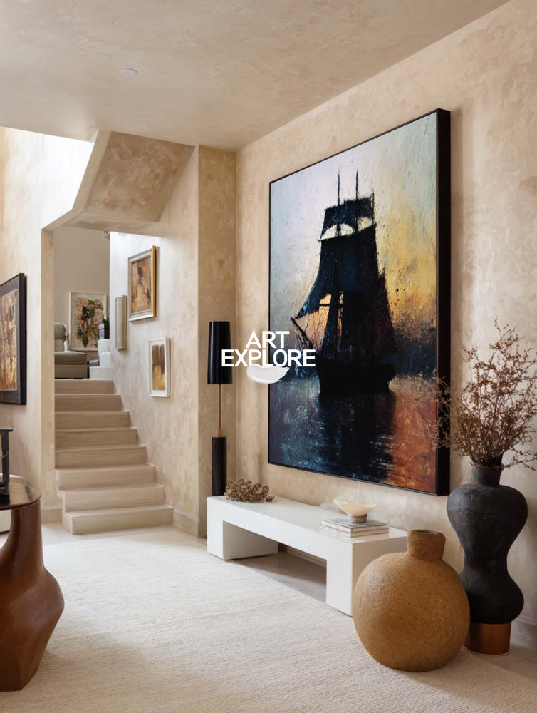 Abstract Sunset Seascape Painting With Dark Boat Silhouette For Modern Home Decor