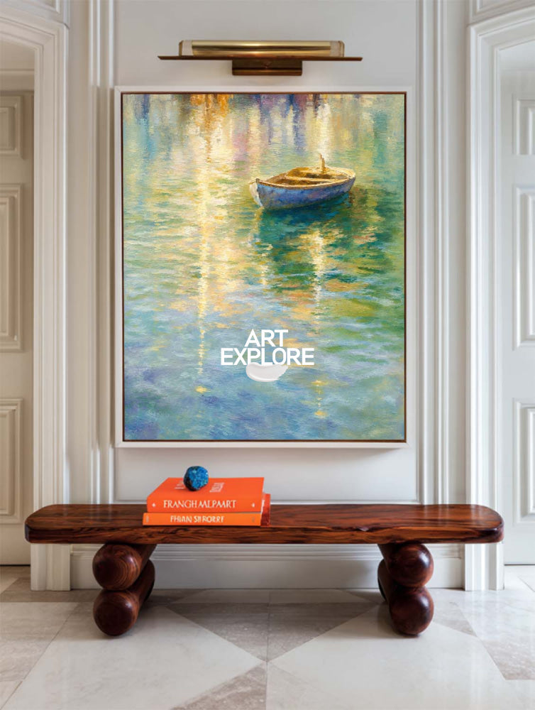 Modern Abstract Rowboat Painting For Living Room With Gold And Blue Tones