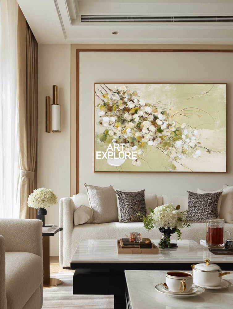 Modern Floral Oil Painting With Textured Green And White Blossoms For Living Room Decor