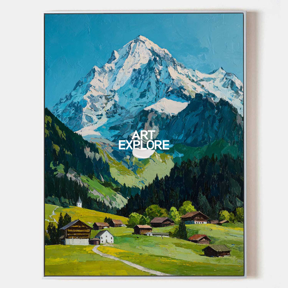 Original Textured Alpine Village Painting With Snow Mountain For Modern Living Room Decor