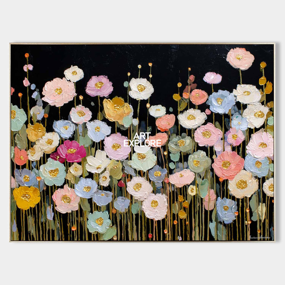 Modern Abstract Floral Painting With Gold Accents On Black Canvas For Living Room Decor