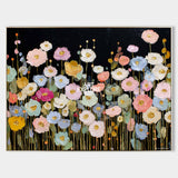 Modern Abstract Floral Painting With Gold Accents On Black Canvas For Living Room Decor
