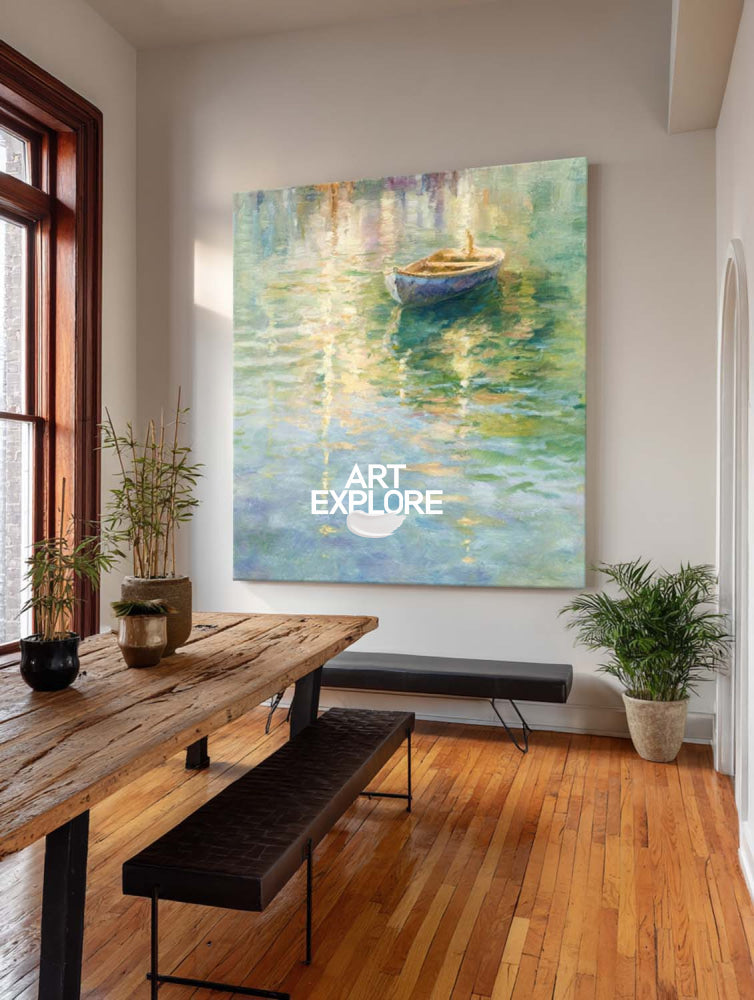 Original Impressionist Lakeside Painting With Rowboat For Elegant Living Room Wall Art