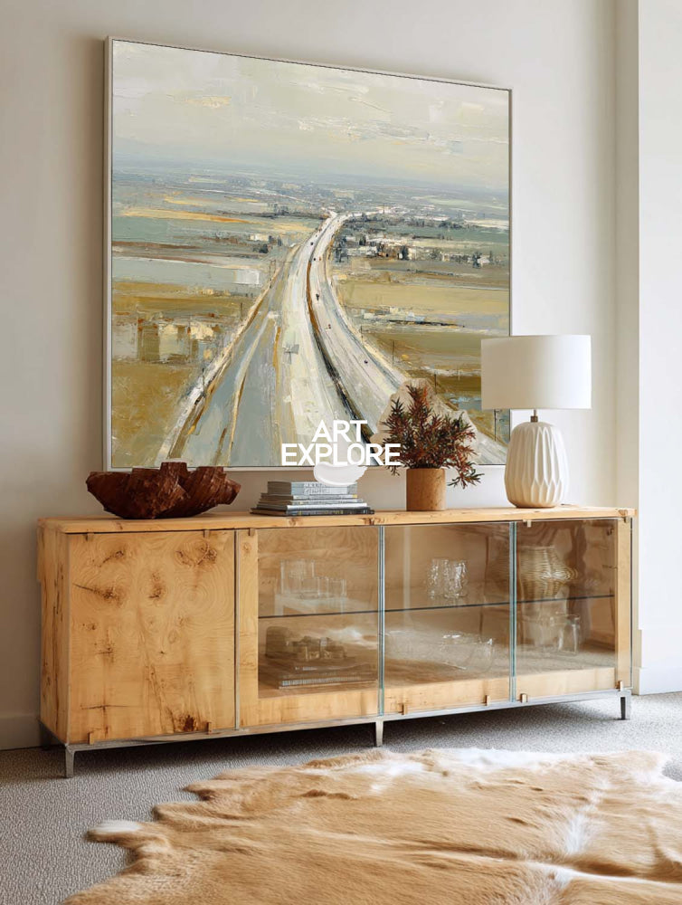 Abstract Highway Landscape Painting Textured Beige Grey Art For Modern Living Room