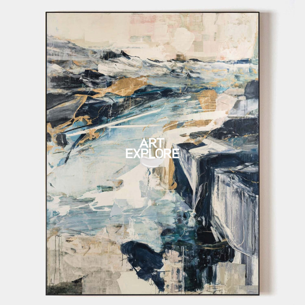 Contemporary Blue And Gold Abstract Art For Modern Living Room Decor