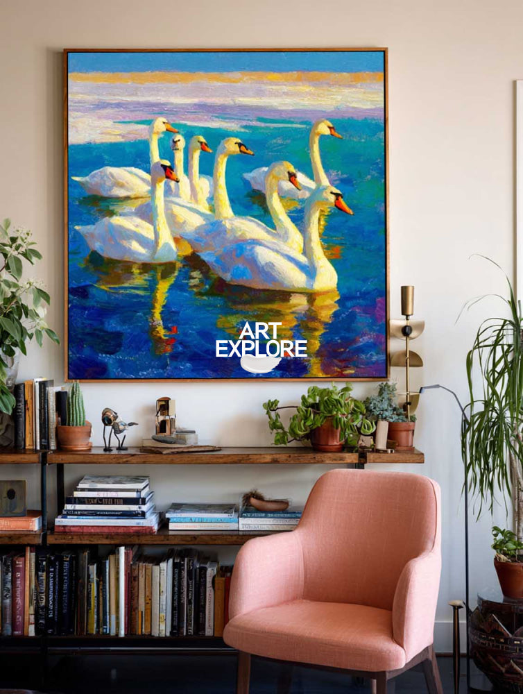 Original Textured Oil Painting Of Swans On Blue Water For Living Room Decor